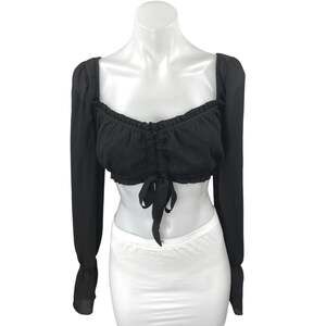 Tiger Mist Black Long Sleeve Ruffle Ruched Tie Back Blouse Crop Top Size M